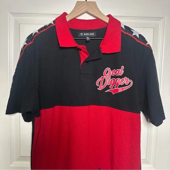 Black Pike Men’s Red Button Jersey XL Shirt Goal Digger Cotton Stars Stripes USA - Picture 3 of 14